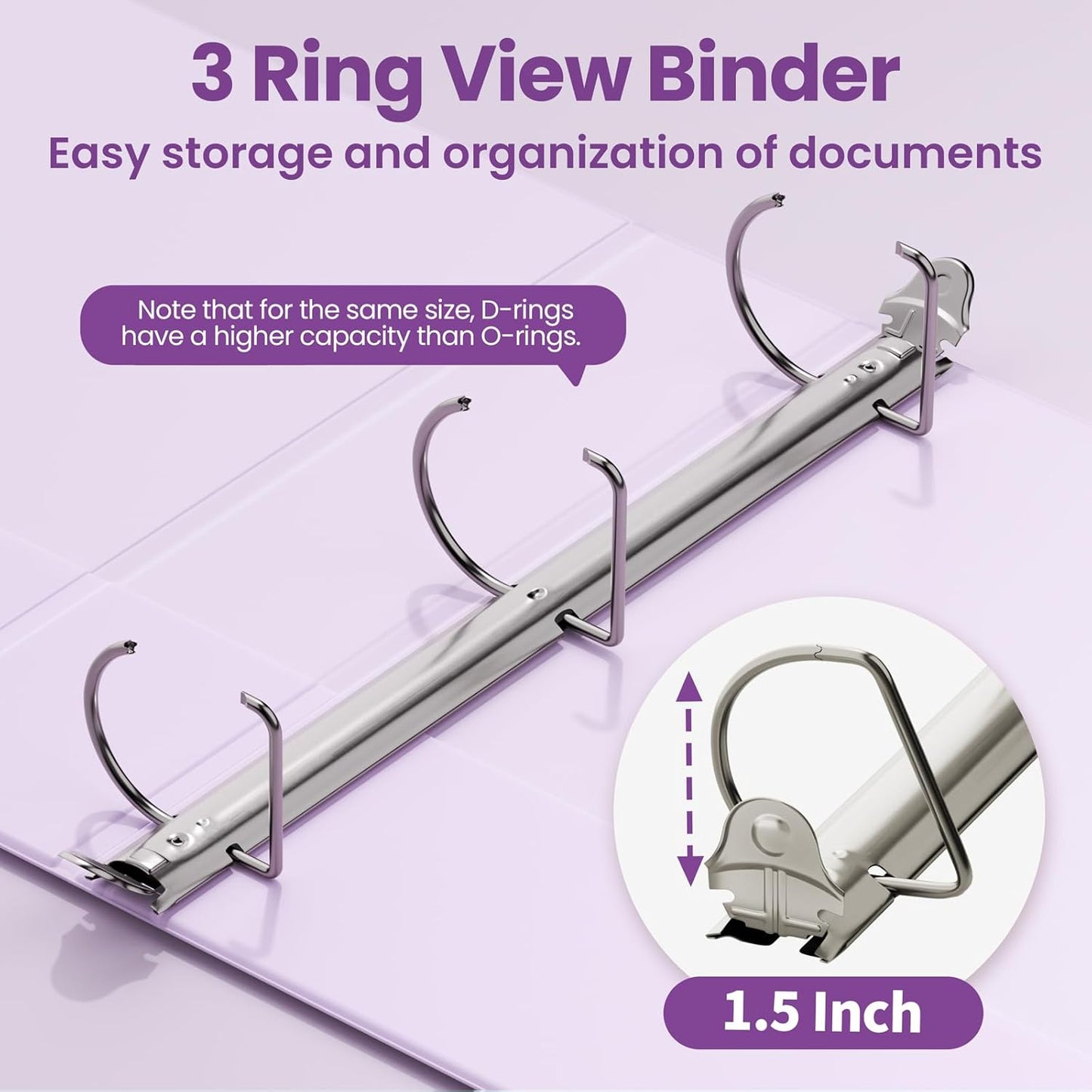 SUNEE 3 Ring Binder 2 Inch, Clear View Binder Three Ring PVC-Free (Fit 8.5x11 Inches) for School or Office Supplies, Light Purple, 1 Pack