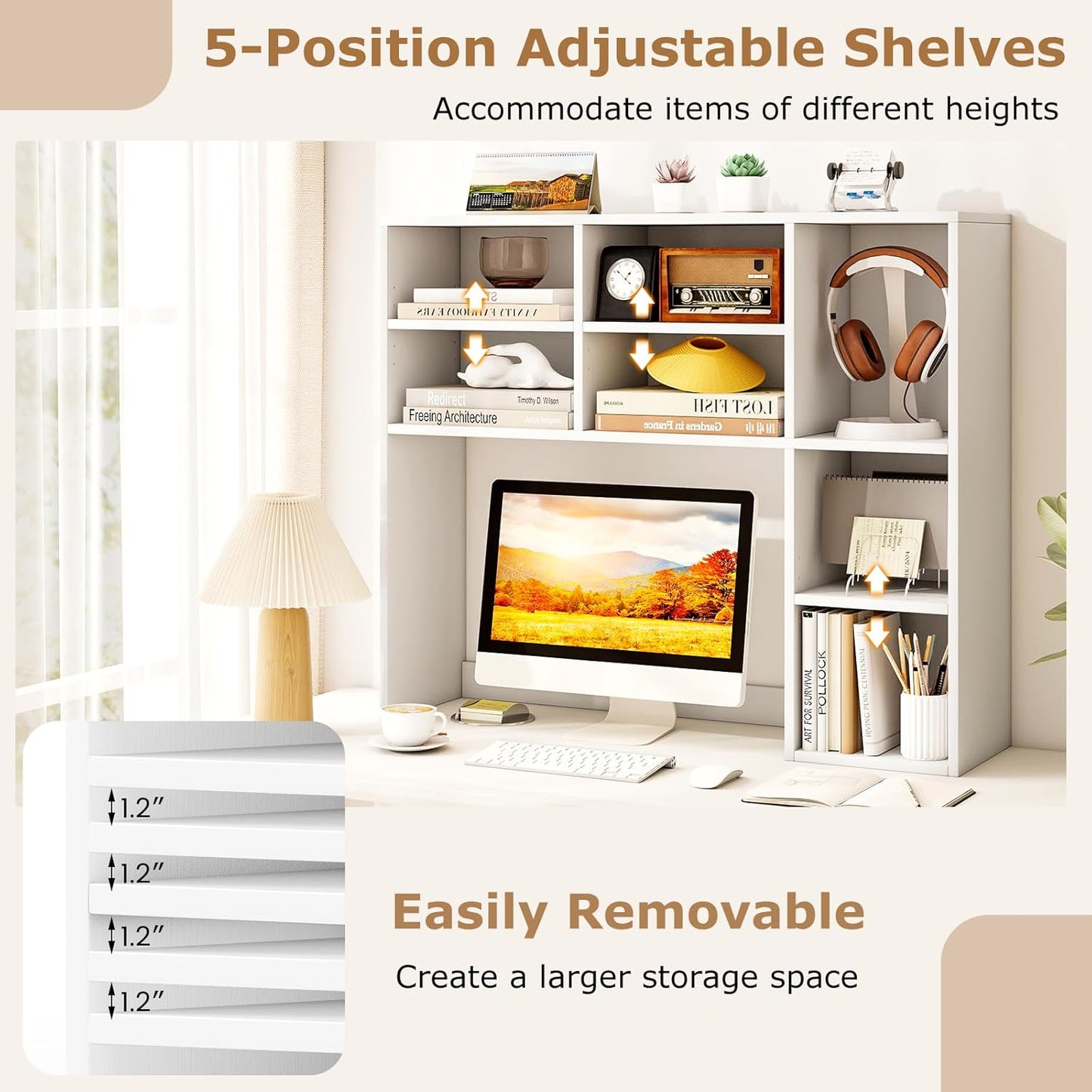 Tangkula Desktop Bookshelf, Countertop Storage Hutch with 5 Shelves for Computer Desk, Desk 3-Tier Display Rack, Multipurpose Wood Desktop Hutch Storage Organizer for Dorm Office Home