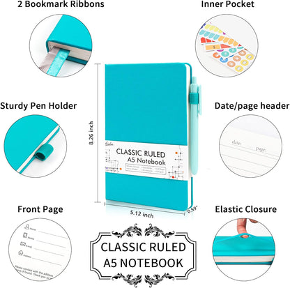 feela College Ruled Notebooks, 24 Pack Business Notebook Hardcover Lined Writing Journal with Pen Holder for Men Women Note Taking, with 24 Black Pens, 120 GSM, 5.1”x8.3”, A5, White