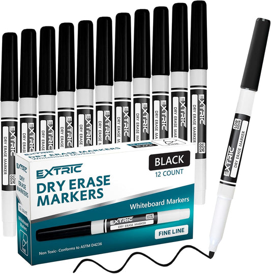 EXTRIC Black Dry Erase Markers Fine Tip, 12 Count Whiteboard Markers, Fine Point Dry Erase Marker, Dry Erase Markers for Kids, White Board Markers Dry Erase