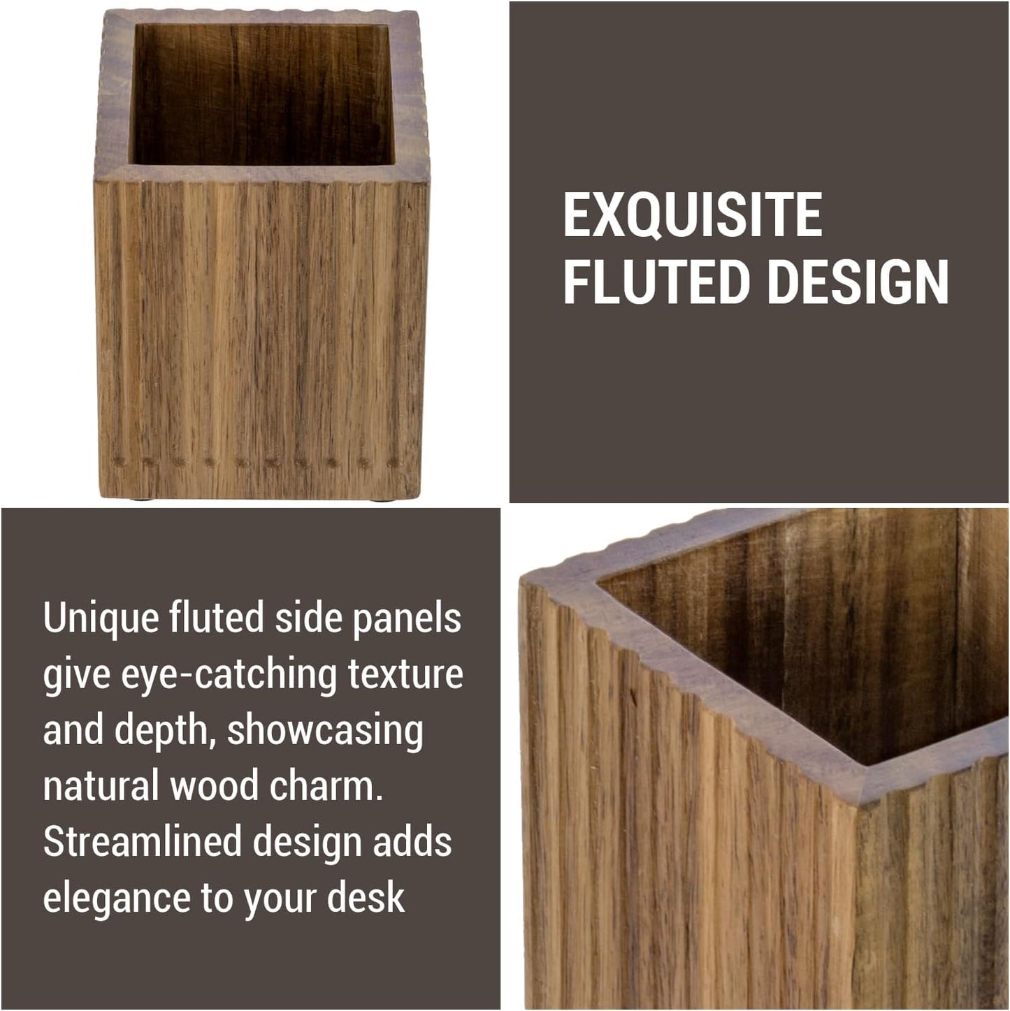 MyGift Premium Acacia Solid Wood Pen Pencil Cup with Textured Fluted Design, Desktop Wooden Office Supply Organizer Holder