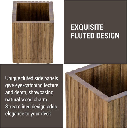MyGift Premium Acacia Solid Wood Pen Pencil Cup with Textured Fluted Design, Desktop Wooden Office Supply Organizer Holder