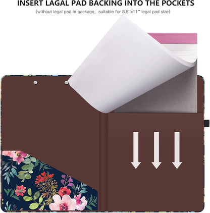 Hongri Clipboard Folio with Refillable Lined Notepad and Interior Storage Pocket for Students, Classroom, Office, Women, Man, Cute Custom Pattern, Size 12.8 x 9.2 in, Classic Flower