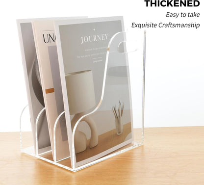 Acrylic Magazine File Holder, 4 Vertical Compartments Desk Document Sorter Organizer, Clear Folder Rack Binder for Office/Home/Classroom, for Documents, Tablet, Magazines, Books & Accessories