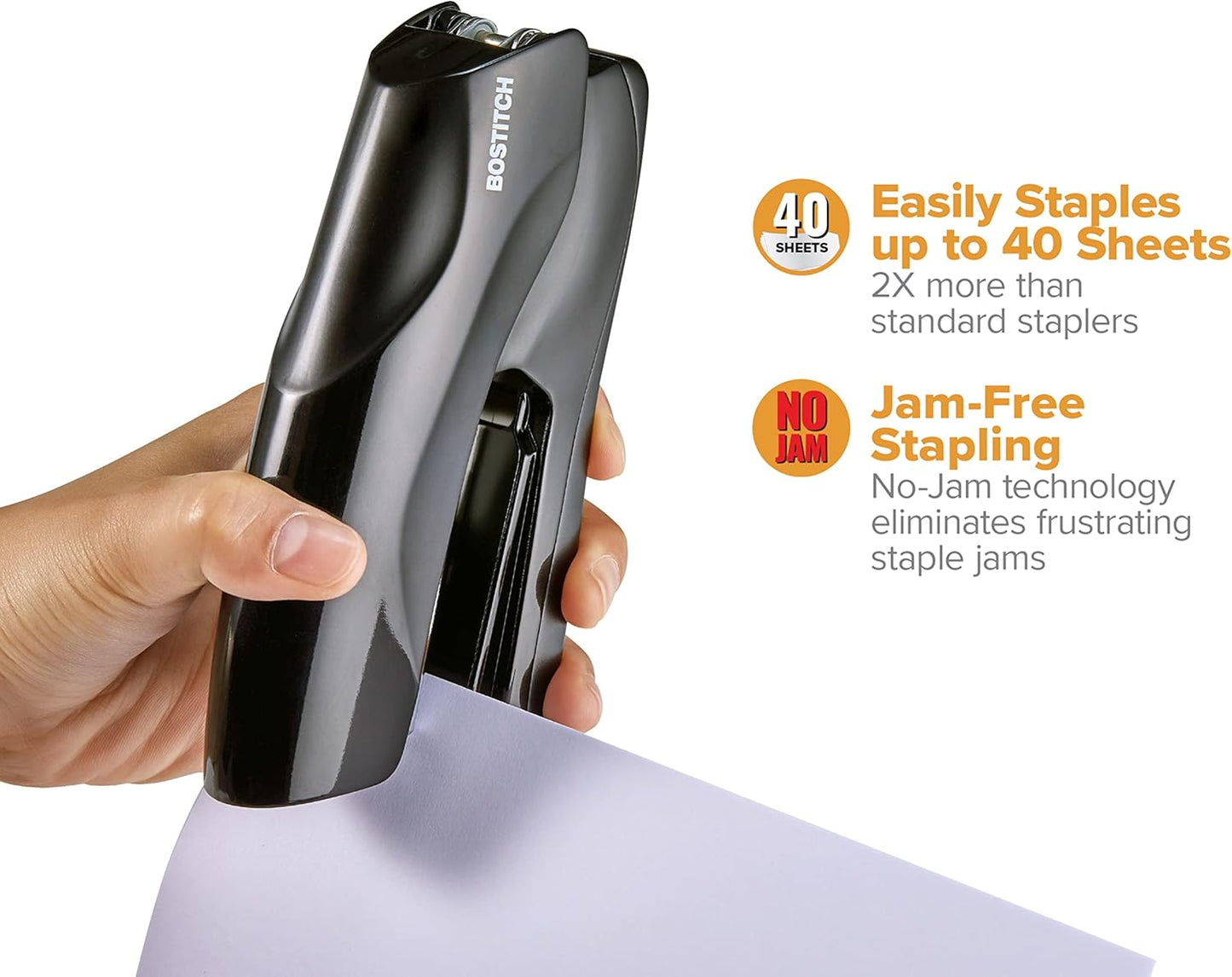 Bostitch Office Heavy Duty Stapler, 40 Sheet Capacity, No Jam, Half Strip, Fits into the Palm of Your Hand, For Classroom, Office or Desk, Black