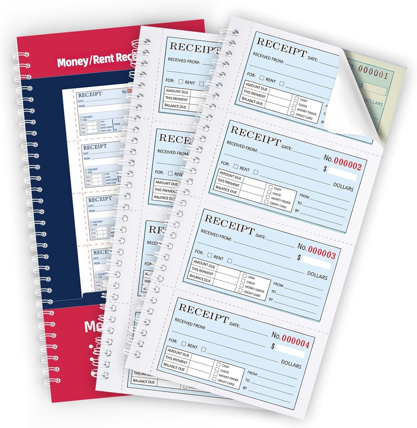 Zzrywuty Money and Rent Receipt Book with Cardboard Insert,2-Part Carbonless,5.3”x11.2” Spiral Bound,200 Sets per Book,4 Receipts per Page for Office Supplier,Rent and Cash Transaction