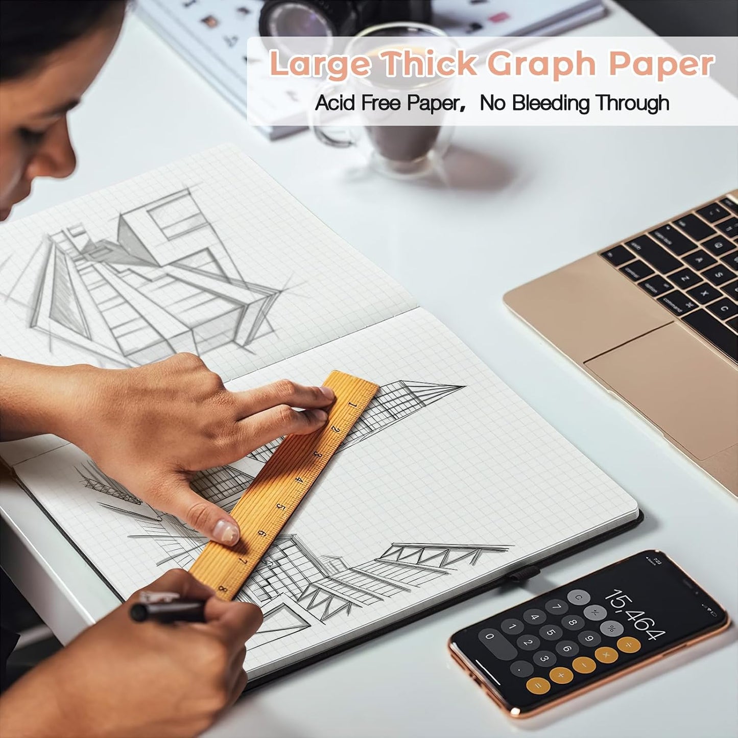 Graph Paper Notebook, Hardcover Notebook 8.5 x 11, Grid Notebook Journal for Women, Men, Large Leather Journals for Writing, Thick Paper, A4 Notebooks for Work, School Supplies, Engineering Brown