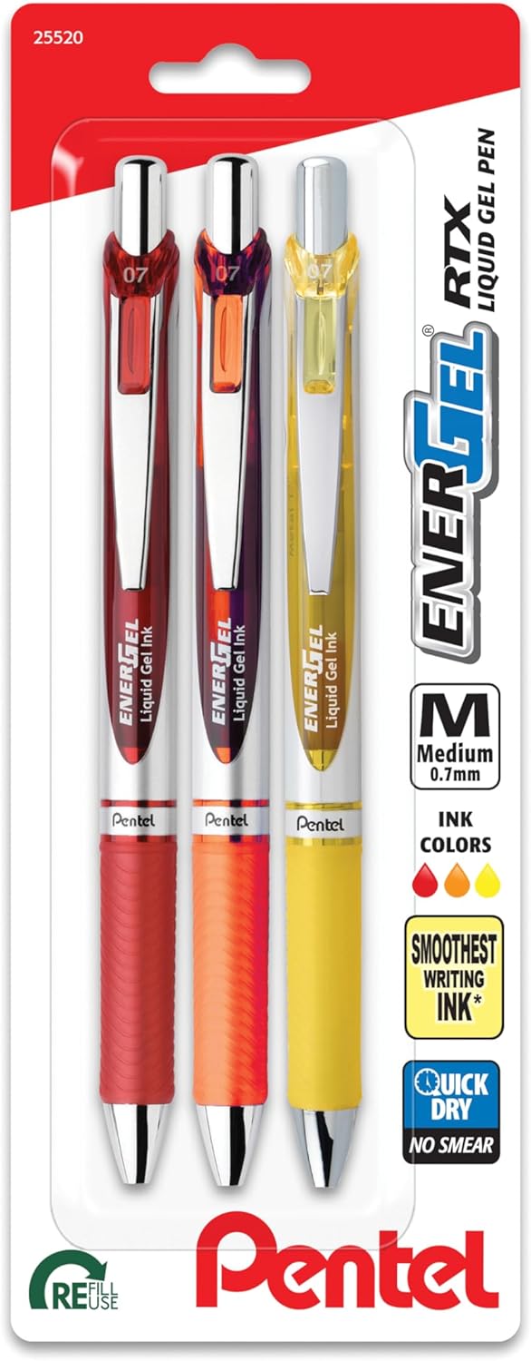 Pentel EnerGel RTX Retractable Liquid Gel Pen, Passion Hue, 0.7mm, Assorted Violet Ink Pack of 3 Pens (BL77PASBP3M)