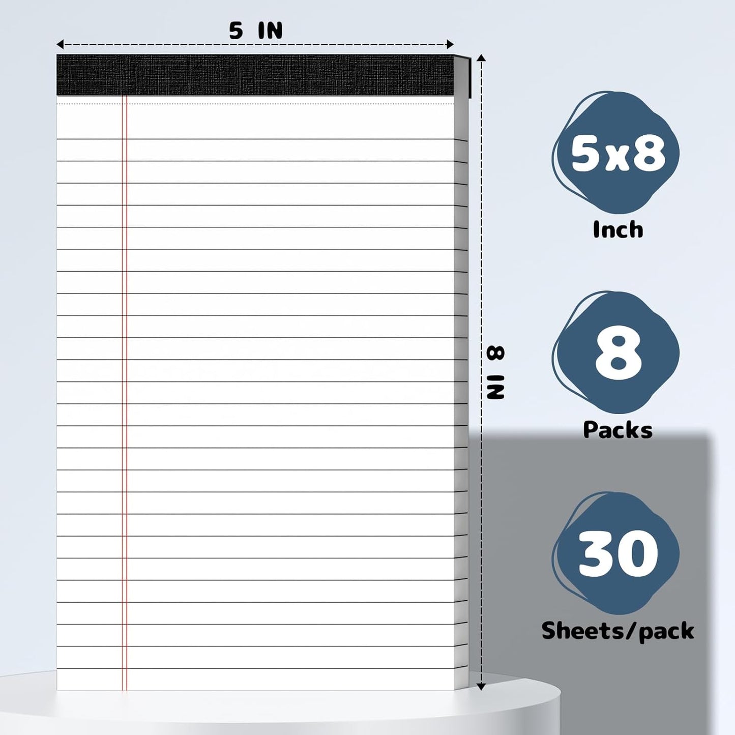 5x8 Legal Pads Writing Pad Note Pads, 8 Pack College Ruled Lined Paper Pad, White Perforated Notebook, Premium Notepads for School Office Home, 30 Sheets/Pack