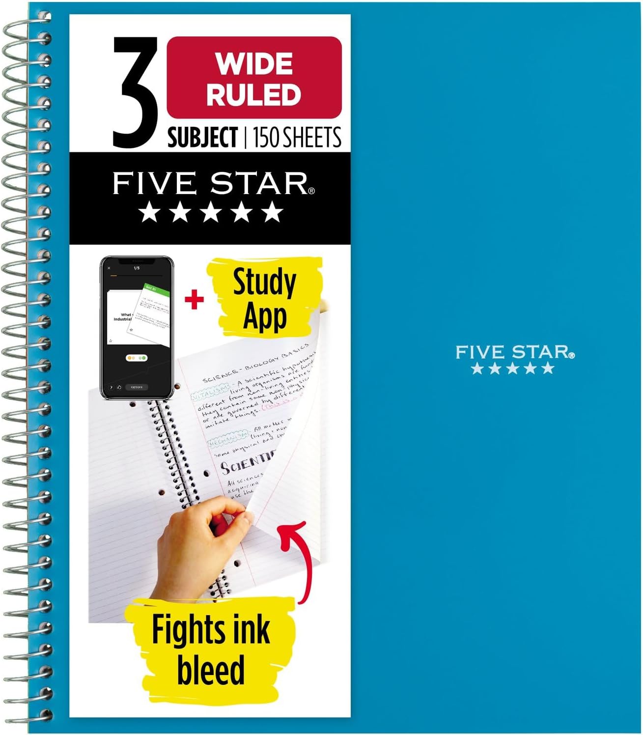 Five Star Spiral Notebook + Study App, 3 Subject, Wide Ruled Paper, 8" x 10-1/2", 150 Sheets, Fights Ink Bleed, Water Resistant Cover, Harvest Yellow (73463)