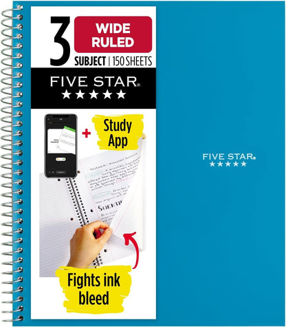 Five Star Spiral Notebook + Study App, 3 Subject, Wide Ruled Paper, 8" x 10-1/2", 150 Sheets, Fights Ink Bleed, Water Resistant Cover, Harvest Yellow (73463)