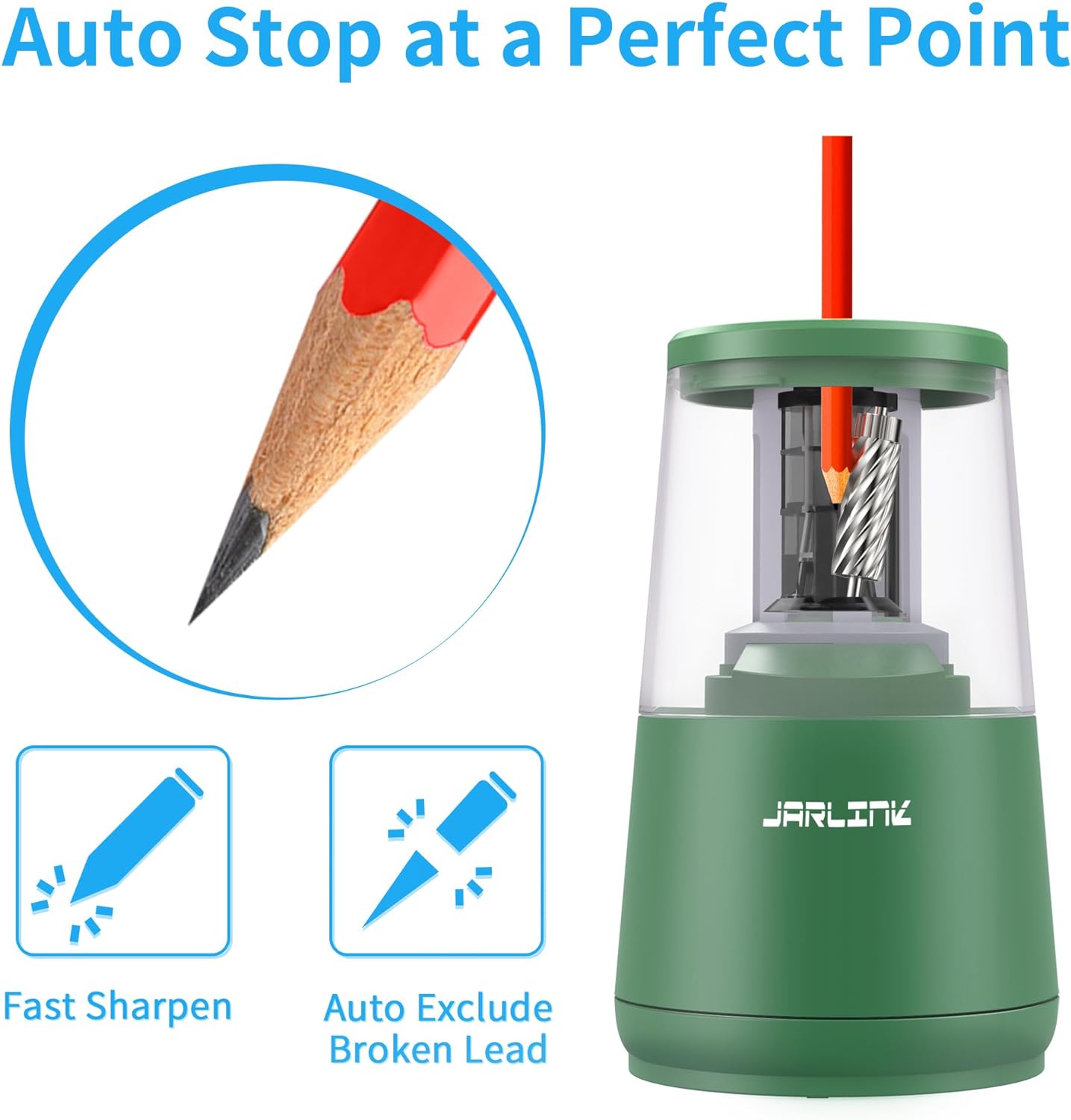 JARLINK Electric Pencil Sharpener, Heavy-Duty Helical Blade to Fast Sharpen, Auto Stop for No.2/Colored Pencils(6-8mm), AC Adapter/Battery Operated in School Classroom/Office/Home (Black)
