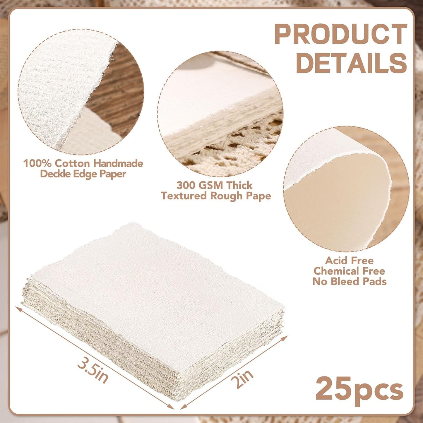 Prudiut 25 Sheets Cotton Watercolor Paper, 300 GSM Deckled Edge, 5 x 7 inch, Rough/Textured, White, for Watercolors, Wedding Invitations, Cards, Crafts