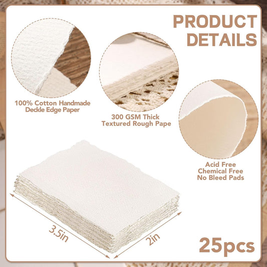 Prudiut 25 Sheets Cotton Watercolor Paper, 300 GSM Deckled Edge, 5 x 7 inch, Rough/Textured, White, for Watercolors, Wedding Invitations, Cards, Crafts