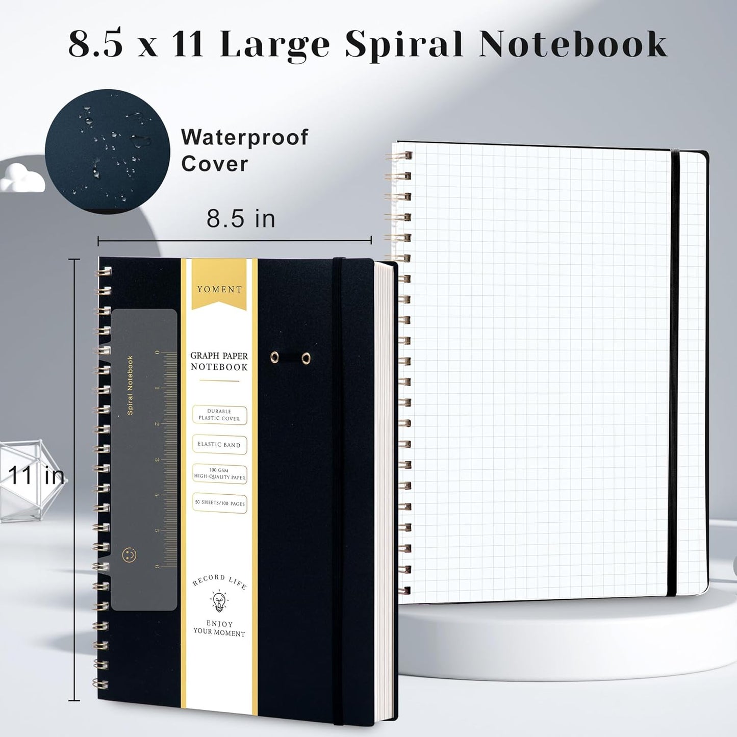 Yoment Graph Paper Spiral Notebook A5 Graphing Notebook 160 Pages Graph Paper Notebook Spiral Bound Waterproof Plastic Hardcover Spiral Journal 5x7 Grid Notebooks for Note Taking,Black