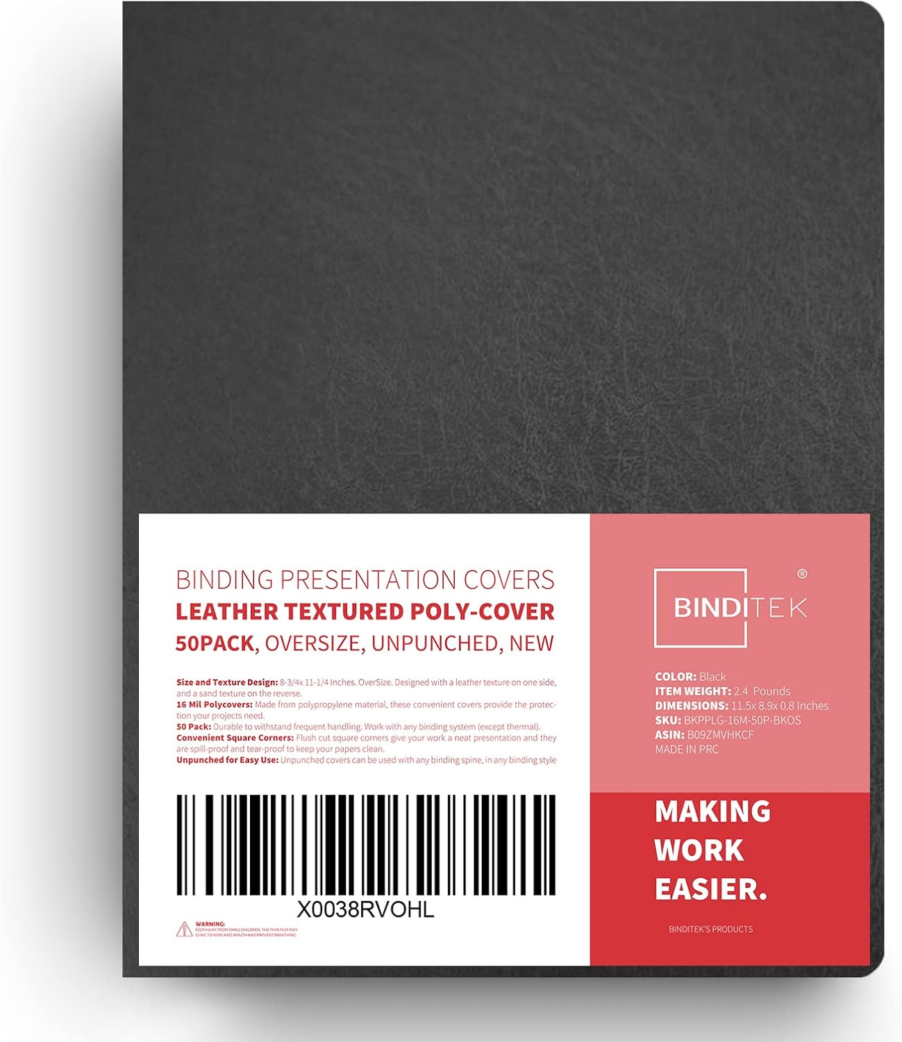 Binditek 100 Pack 16 Mil Leather-Textured Heavyduty Polycovers, Plastic Binding Presentation Covers, Letter Size, 8-1/2 x 11", Square Corners, Un-Punched, Black
