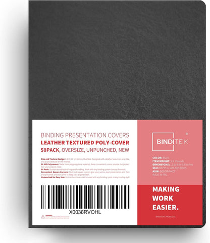 Binditek 100 Pack 16 Mil Leather-Textured Heavyduty Polycovers, Plastic Binding Presentation Covers, Letter Size, 8-1/2 x 11", Square Corners, Un-Punched, Black