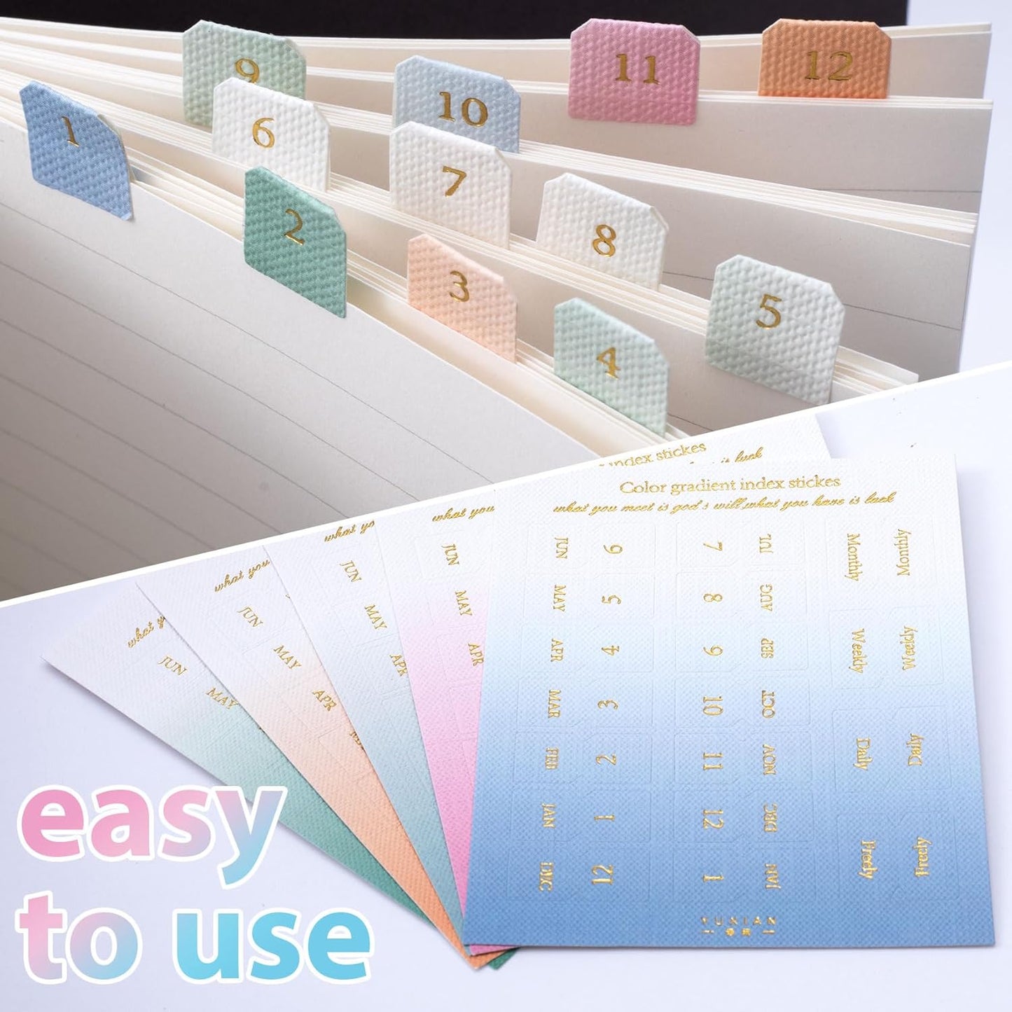 OIIKI 180pcs Planner Monthly Tabs, Self-Adhesive Index Tabs Stickers, Gradient Sticky Page Markers Labels for Document Notebooks Books Project Binders Office- 5 Colors(D Style)