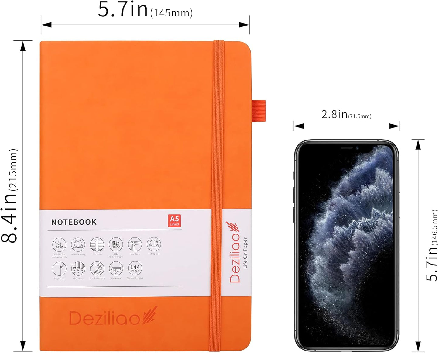 Deziliao Lined Journal Notebooks with Pen Loop, Hardcover Notebook Journal for Work, 100Gsm Premium Thick Paper with Inner Pocket, Medium 5.7"x8.4", （Black, Ruled）