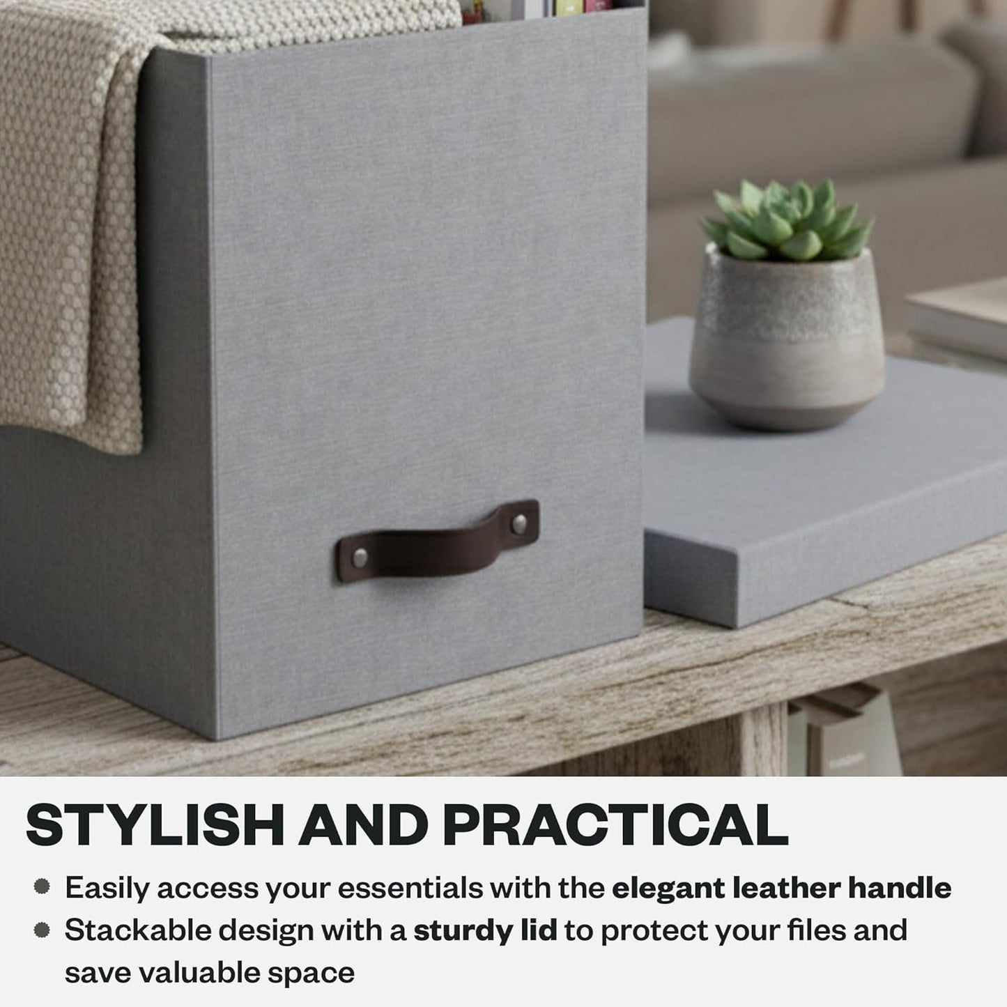 Bigso John Desktop File Box - Storage Solution and Document Organizer for Important Paperwork - Durable Hanging File Box with a Lid and Leather Handle - 7.36 in x 13.26 in x 10.51 in - Grey