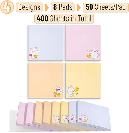 Mr. Pen- Aesthetic Sticky Notes, 3"x3", 8 Pads, 400 Sheets, 4 Designs, Cute Bear Sticky Notes, Self-Stick Note Pads Aesthetic, Perfect for Office, School, Home, Study & Organization