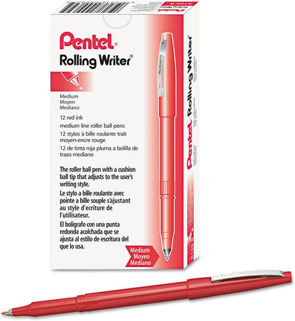Pentel Rolling Writer Pen, 0.8 Millimeter Cushion Ball Tip, Black Ink, Box of 12 (R100-A)