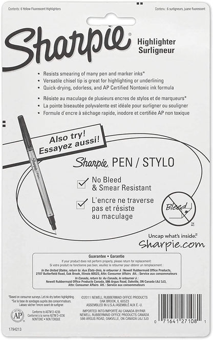 Sharpie 27108PP Accent Pocket Style Highlighter, Fluorescent Yellow, 6-Pack