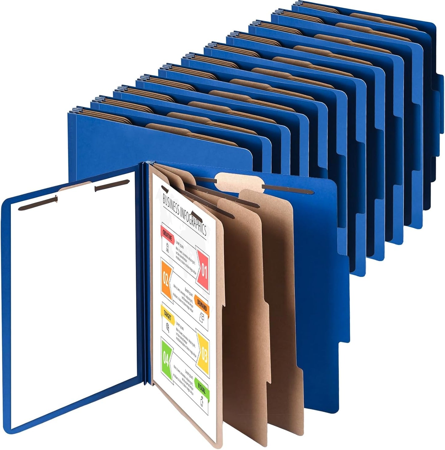 Cesil Pressboard Classification File Folders, 12pcs 3 Dividers Blue File Folders Letter Size with 2 Prongs Fastener, Heavy Duty Office File Organizer for Teacher School Medical Employee File Folers