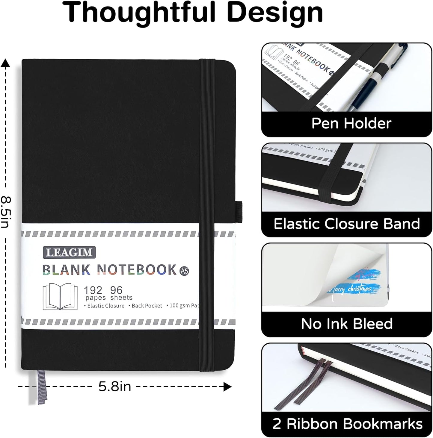 Blank Journal Notebook, A5, 192 Pages 100 GSM Thick Sketch Book for Women Men, Hardcover Leather Unlined Journaling for Work, Notebooks for Writing, 5.8 inches x 8.5 inches (Black)