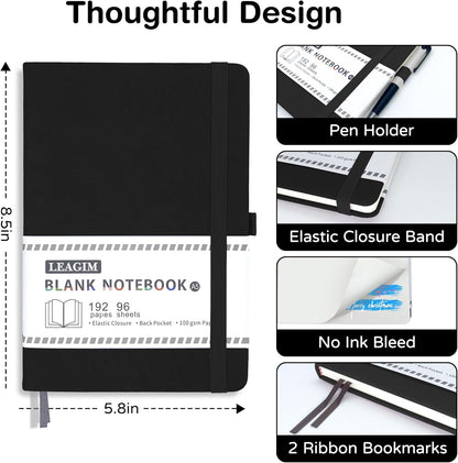 Blank Journal Notebook, A5, 192 Pages 100 GSM Thick Sketch Book for Women Men, Hardcover Leather Unlined Journaling for Work, Notebooks for Writing, 5.8 inches x 8.5 inches (Black)