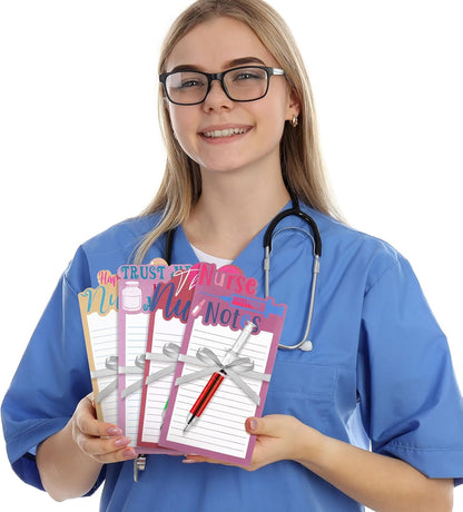 Laumoi 8 Set Funny Nurse Notepad with Pen 2026 Nurse Week Gift Bulk Nursing Sticky Note Die Appreciation Memo Pad with Syringe Ballpoint Pen for Medical Assistant Rn Cna Lrn (Novel, Bright Color)