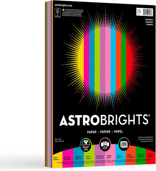 Neenah Astrobrights® Bright Color Paper, Letter Size Paper, 24 Lb, FSC Certified, Assorted Mini Pack, Pack Of 200 Sheets
