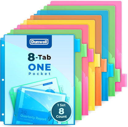 Dunwell 8-Tab Dividers with Pocket for 3-Ring Binders (3 Sets, 24 Count), Plastic One Pocket Dividers with Tabs, Slash File Jackets 3 Hole Punched for 8.5x11 Paper, Poly Pocket Notebook Dividers