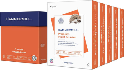 Hammermill Printer Paper, Premium Inkjet & Laser Paper 24 Lb, 8.5 x 11-5 Ream (2,500 Sheets) - 97 Bright, Made in the USA, 166140C