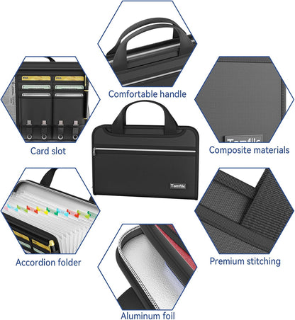 Tamfile Fireproof Accordion File Organizer with Handle, 13 Pocket Transparent Expanding File Folder with Zipper & Labels, File Folder with Multi-Pockets Paper Organizer Folder for Letter A4 Files