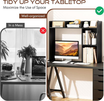 Tangkula Desktop Bookshelf, Countertop Storage Hutch with 5 Shelves for Computer Desk, Desk 3-Tier Display Rack, Multipurpose Wood Desktop Hutch Storage Organizer for Dorm Office Home