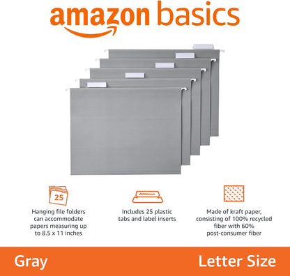 Amazon Basics Hanging File Folders with Adjustable Tabs, Sturdy Expandable Document Organizer, Letter Size 8.5x11 inch, Green, 25-Pack