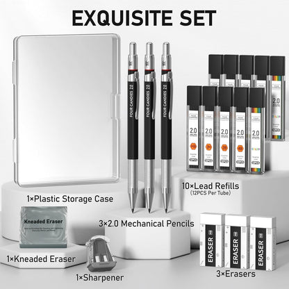 Four Candies 2MM Mechanical Pencil Set with case, Artist Led Pencil Metal Lead Holder with 60PCS Graphite Lead Refill (HB, 2H, 2B, 4B, Color) Kneaded Eraser, Sharpener for Writing, Drawing, Sketching
