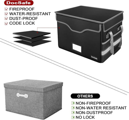 DocSafe Fireproof Document Box with Lock, File Storage Organizer with Mesh Pockets, Collapsible Portable File Box Home Office Safe Filing Cabinet with Handle for Hanging Letter/Legal Folder, Black