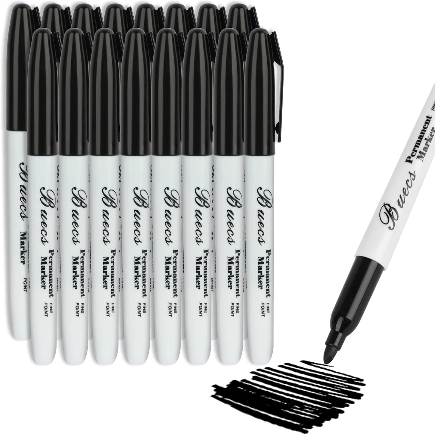 Buecs Permanent Markers, 128 Count Black Permanent Markers, Fine Point, Waterproof & Smear Proof Markers, Quick Drying, Office Supplies for School, Office, Home