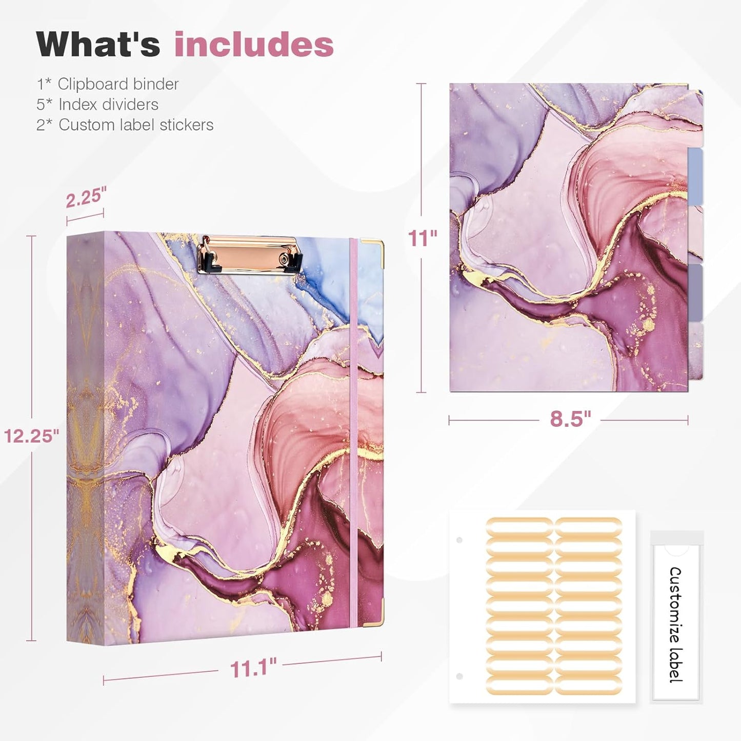 Ospelelf Binder 3 Ring 1 Inch, Floral Round Ring Clipboard Binder for Letter Size with 5 Tab Dividers, File Folder Labels, for School and Office Supplies