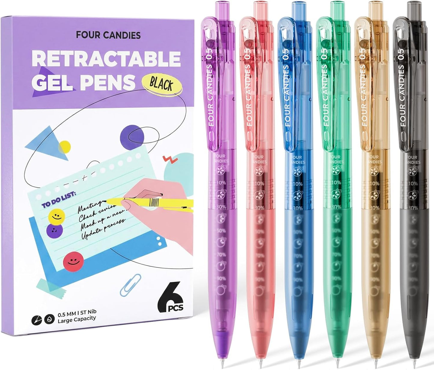 Four Candies 12Pack 0.5mm Quick Dry Retractable Gel Pen Set, Cute Transparent Fine Point Multicolor Note Taking Aesthetic lnk Pens, Comfort Grip 12 Ink Colors Drawing Writing School Office Home