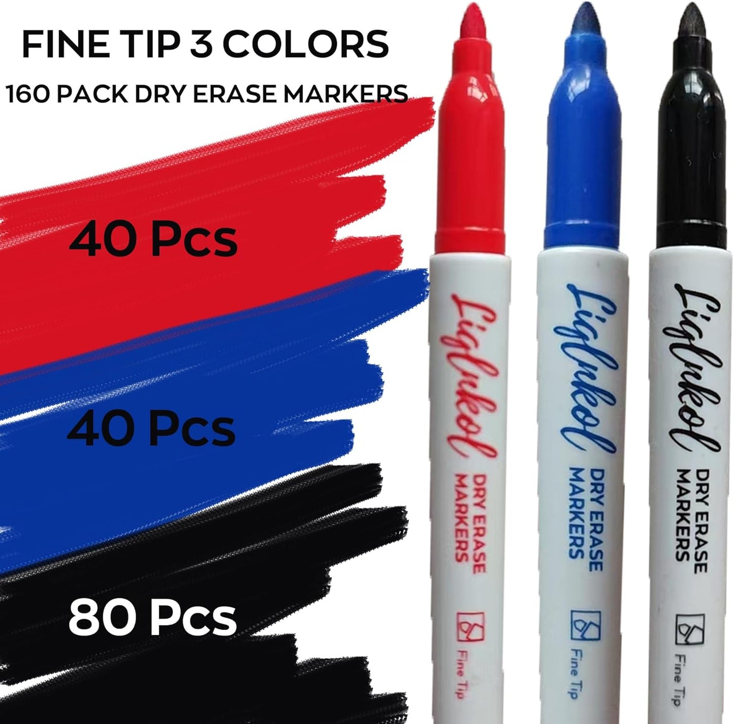 Fine Tip Dry Erase Markers 160 Pack Bulk, Black Red Blue Markers (80/40/40), Low Odor Perfect for Writing on Glass or Home School Office