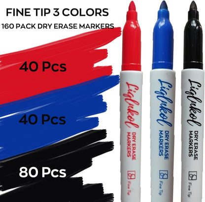 Fine Tip Dry Erase Markers 160 Pack Bulk, Black Red Blue Markers (80/40/40), Low Odor Perfect for Writing on Glass or Home School Office