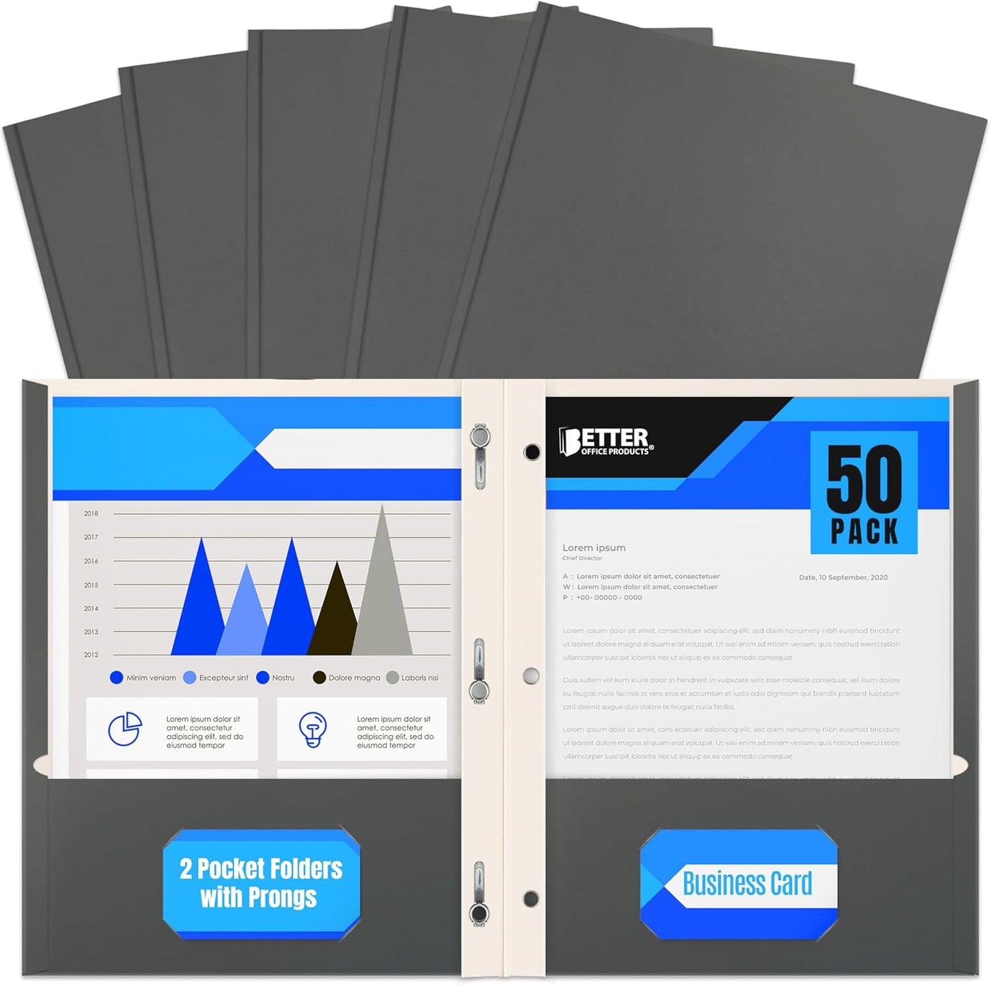 Better Office Products Blue Paper 2 Pocket Folders with Prongs, 50 Pack, Matte Texture, Letter Size Paper Folders, 50 Pack, with 3 Metal Prong Fastener Clips, Blue