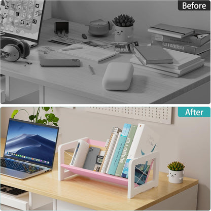 ELITEROO Desktop Bookshelf Organizer, Wood Slanted Desk Bookshelf, Small Tabletop Book Rack, Portable Mini Bookcase for Book Display, Cookbooks, Kids Reading, Office & Home Storage, Rustic Brown