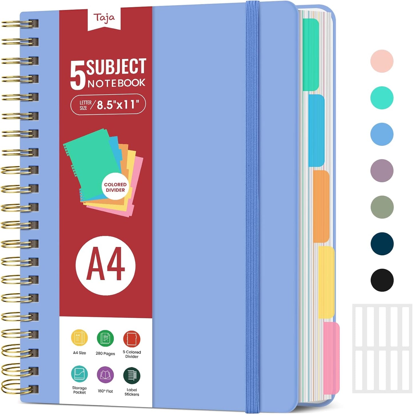 Hardcover Spiral Journal Notebooks for Work With Removable Dividers & Tabs, 8.5"x11" 5 Subject Notebook for Note Taking & Organizer, A4 College Ruled Lined Journal for Women & Writing, Aquamarine, 280 Pages