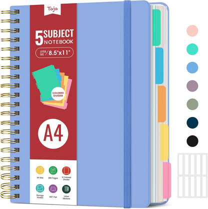 Hardcover Spiral Journal Notebooks for Work With Removable Dividers & Tabs, 8.5"x11" 5 Subject Notebook for Note Taking & Organizer, A4 College Ruled Lined Journal for Women & Writing, Aquamarine, 280 Pages
