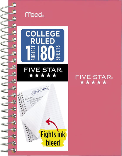 Five Star Spiral Notebook, 1 Subject, College Ruled Paper, 4-3/8" x 7", Personal Size, 80 Sheets, Fights Ink Bleed, Water Resistant Cover, Seaglass Green (450048CH1-ECM)