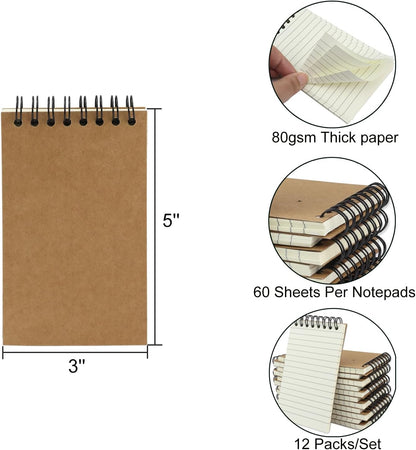 12 Pack Pocket Notebooks, 3x5 Small Notepads, Mini Spiral Notebooks, 60 Sheets/120 Pages,Lined College Ruled Paper, Memo Pads for Home, Office, School or Travel (Kraft)